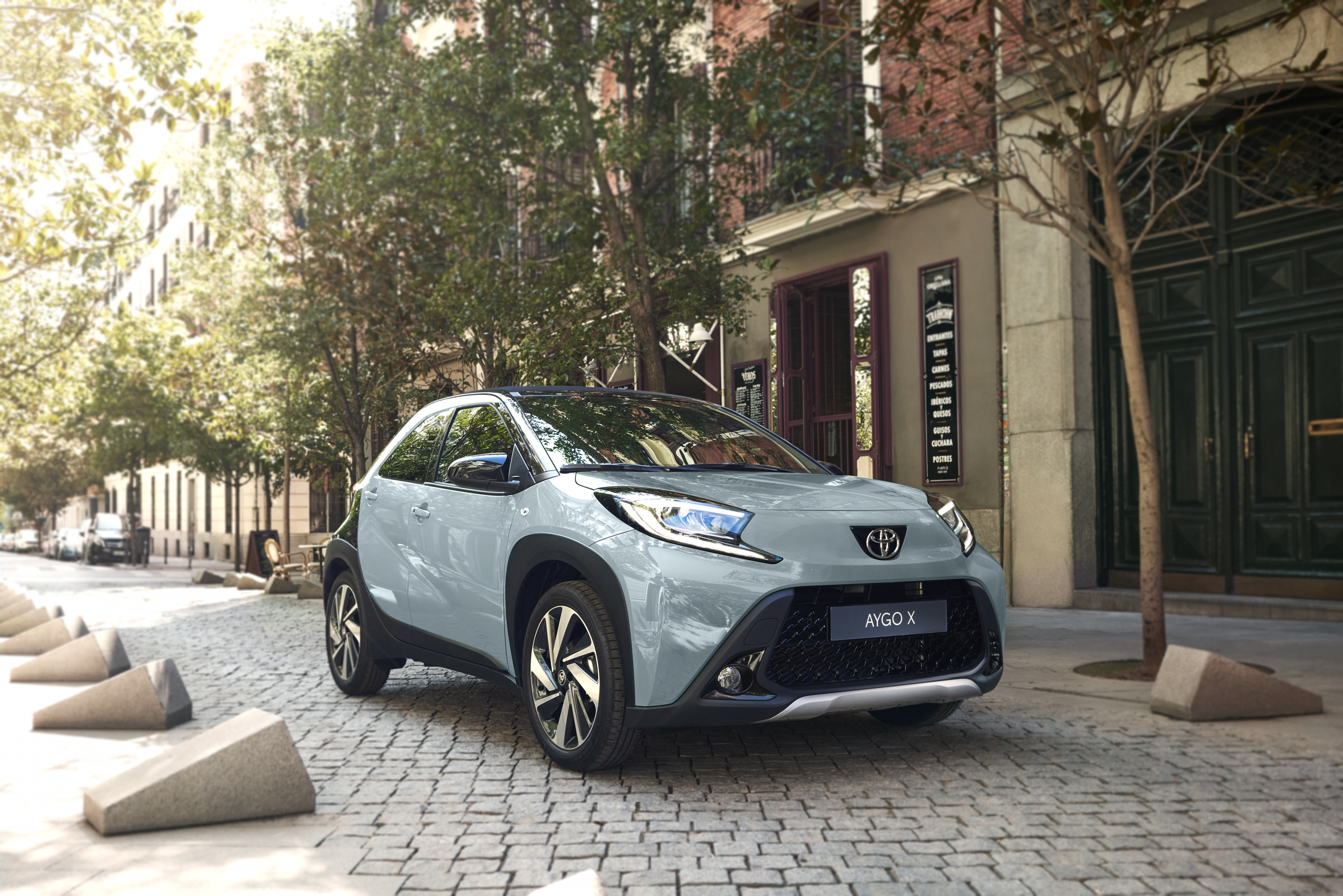 Auto decappottabile, persona, cane e orologio stradale con lunghe ombre.